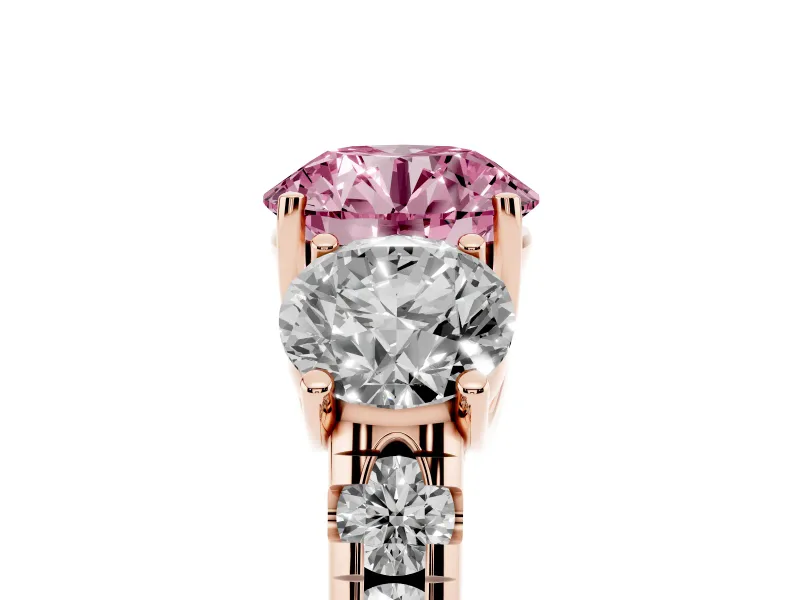 Round Three Stone Engagement Ring Setting for a Fancy Pink Lab-Grown Diamond | Accented Shoulders | Rose Gold