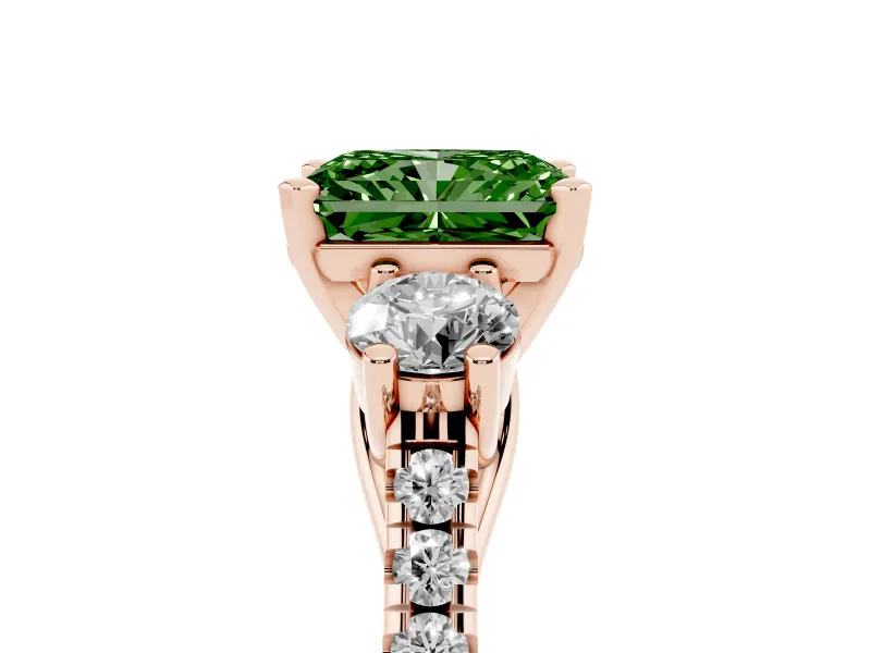 Radiant Cut Three-Stone Engagement Ring Setting for a Fancy Green Lab-Grown Diamond | Rose Gold