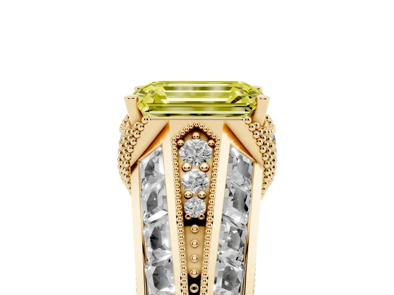 Fancy Yellow Emerald Cut Diamond Vintage-Inspired Milgrain Ring Set in Yellow gold with Accent Split Shank
