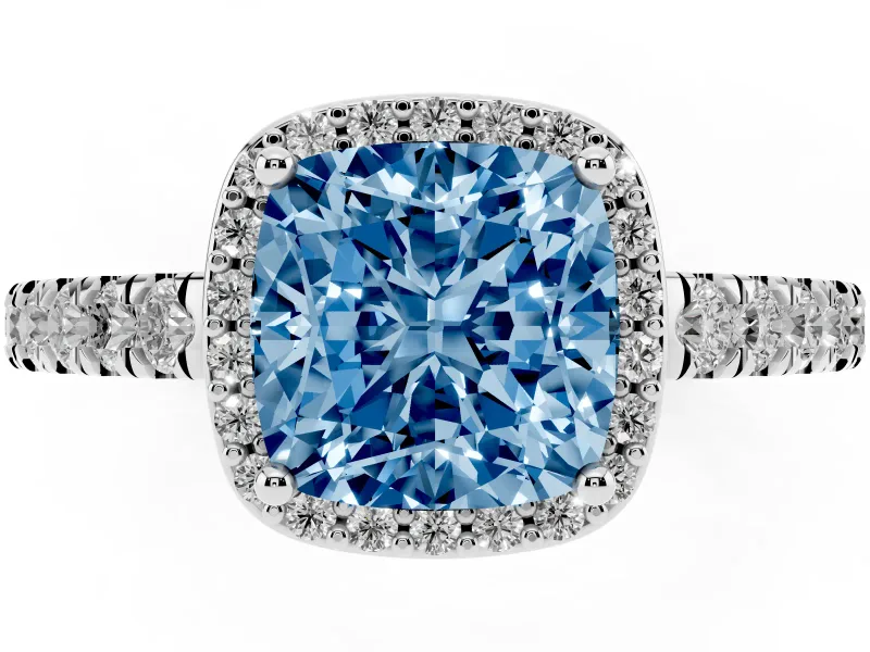Fancy Blue Cushion Cut Diamond Halo Engagement Ring Set in White gold with Pavé Band and Prong Setting
