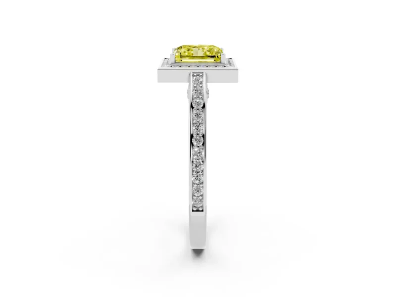 Fancy Yellow Princess Cut Diamond Halo Pavé Split Shank Ring Set in Platinum with Prong Setting