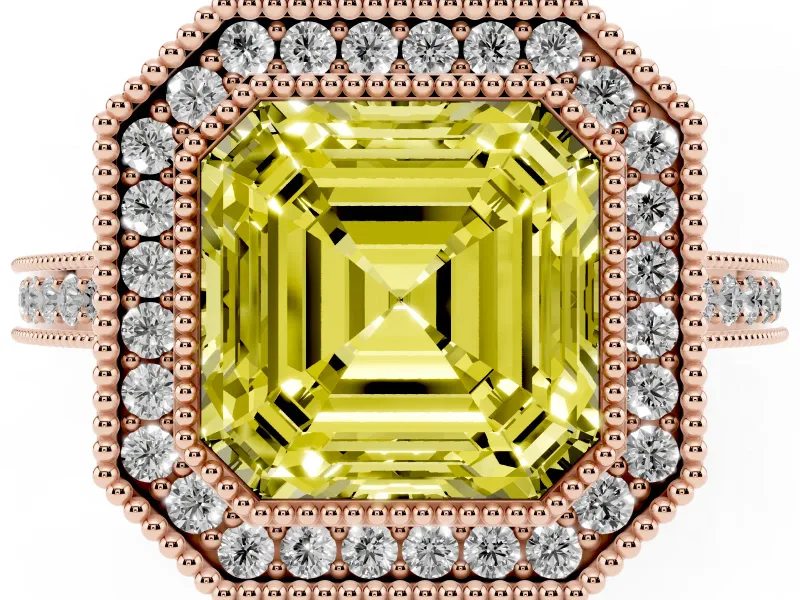 Asscher Cut Milgrain Halo Engagement Ring Setting for a Fancy Yellow Lab-Grown Diamond | Rose Gold