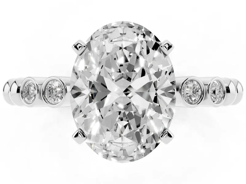 Oval Cut Diamond Solitaire Engagement Ring Set in White gold with Bezel Accents on Beaded Band
