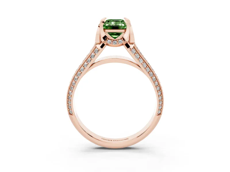 Emerald Cut Hidden Halo Engagement Ring Setting for a Fancy Green Lab-Grown Diamond | Triple Row Pavé Band | Rose Gold