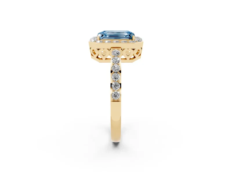 Fancy Blue Emerald Cut Diamond Halo Ring Set in Yellow gold with Pavé-Setting Band and Open Prong Center