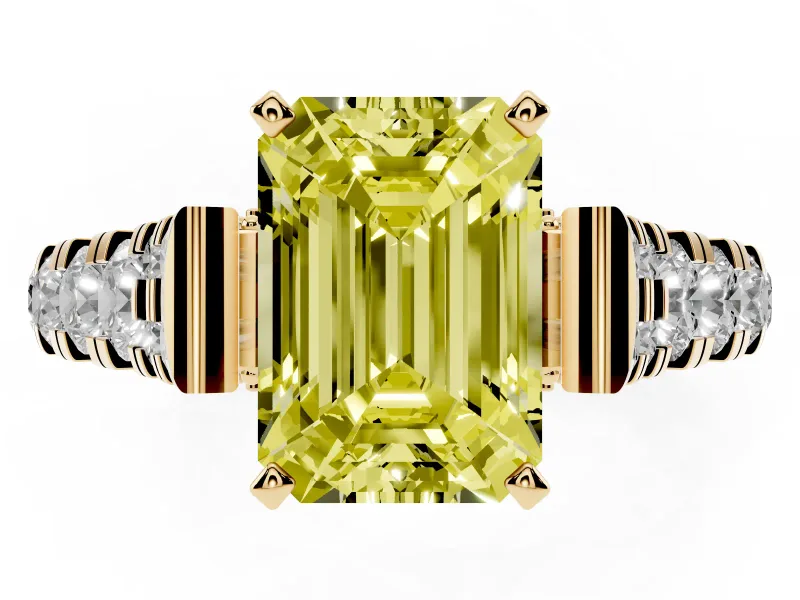Fancy Yellow Emerald Cut Diamond Classic Solitaire Ring Set in Yellow gold with Pavé Band and Prong Setting