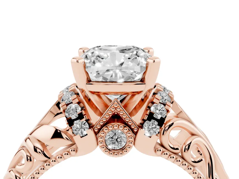 Cushion Cut Vintage Filigree Solitaire Engagement Ring Setting | Accented Basket | Rose Gold