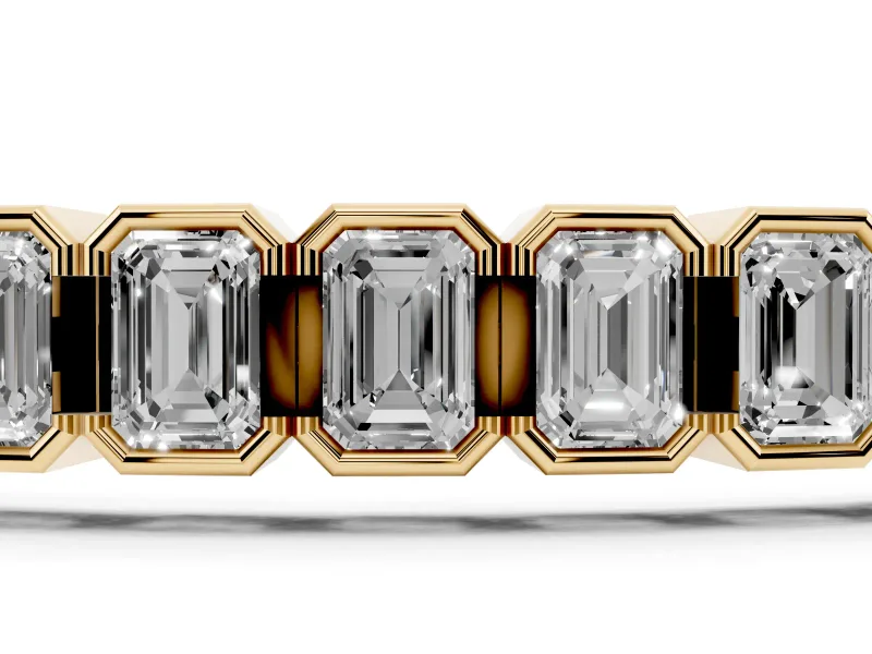 Emerald Cut Lab-Grown Diamond Bezel Tennis Bracelet | Grooved Hinge Links | Yellow Gold