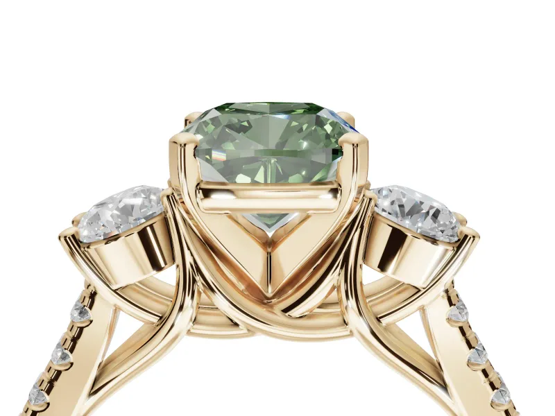 Cushion Cut Three-Stone Engagement Ring Setting for a Fancy Green Lab-Grown Diamond | Yellow Gold