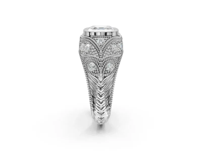 Asscher Cut Vintage Bezel Engagement Ring Setting | Beaded Paisley Shoulders | Sterling Silver