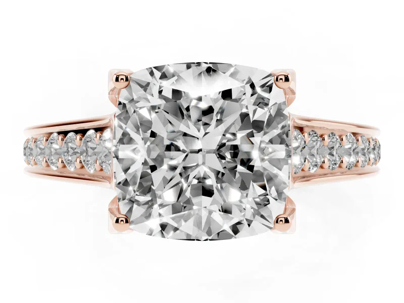 Cushion Cut Diamond Solitaire Pavé Engagement Ring Set in Rose gold with Prong Setting