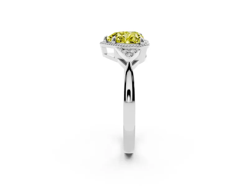 Fancy Yellow Heart Cut Diamond Milgrain Solitaire Ring Set in White gold with Tapered Pavé Band and Prong Setting
