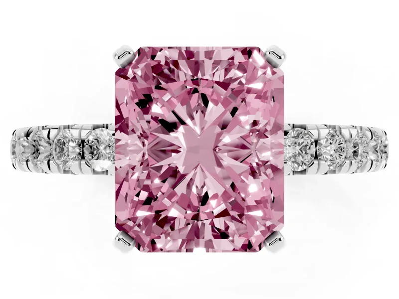 Fancy Pink Radiant Cut Diamond Pavé Solitaire Ring Set in Platinum with Round Band and Prong Setting