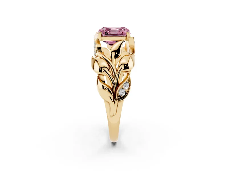 Asscher Cut Leaf Bypass Engagement Ring Setting for a Fancy Pink Lab-Grown Diamond | Yellow Gold
