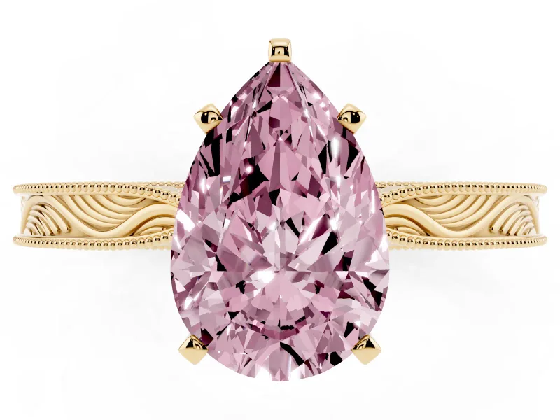 Pear-Shaped Engraved Engagement Ring Setting for a Fancy Pink Lab-Grown Diamond | Yellow Gold