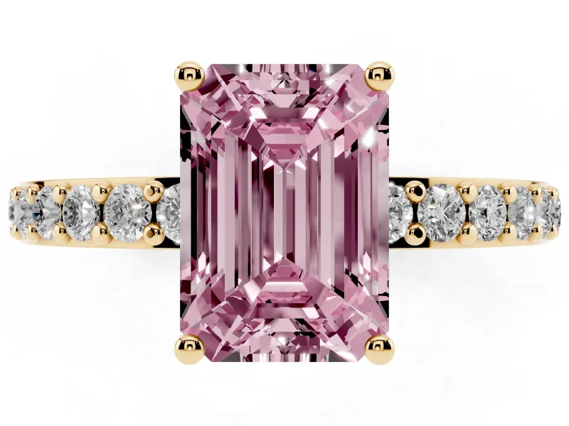 Emerald Cut Pavé Solitaire Engagement Ring Setting for a Fancy Pink Lab-Grown Diamond | Single Row Band | Yellow Gold