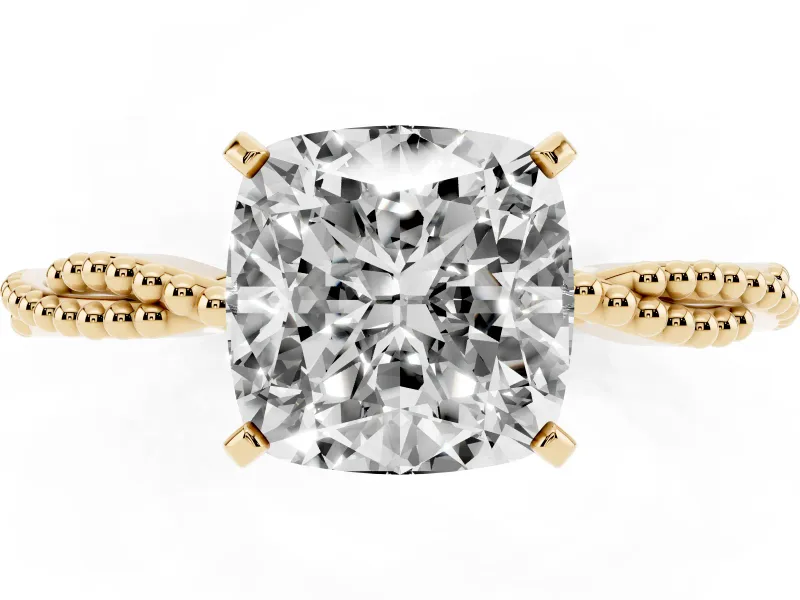 Cushion Cut Twisted Solitaire Engagement Ring Setting | Beaded Twist Band | Yellow Gold