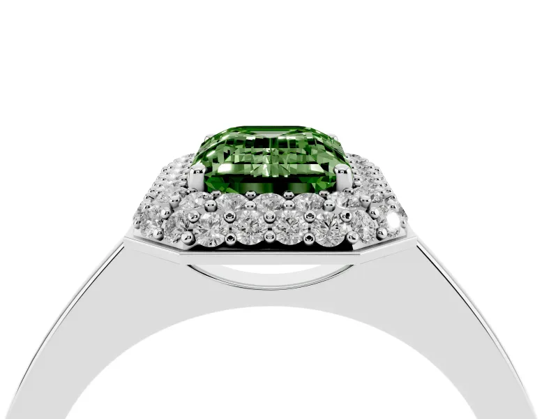 Fancy Green Emerald Cut Diamond Halo Engagement Ring Set in Silver with Solitaire Band and Prong Setting