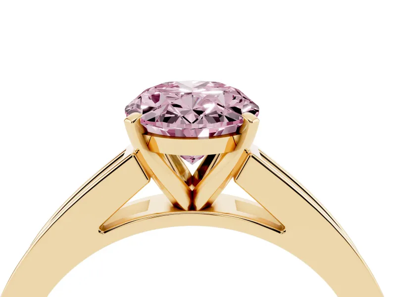 Fancy Pink Oval Cut Diamond Solitaire Ring Set in Yellow gold with Channel-Set Band and Prong Setting