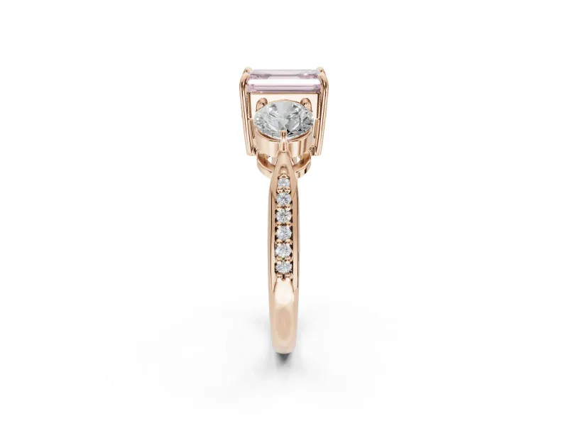 Emerald Cut Three Stone Engagement Ring Setting for a Fancy Pink Lab-Grown Diamond | Tapered Pave Band | Rose Gold