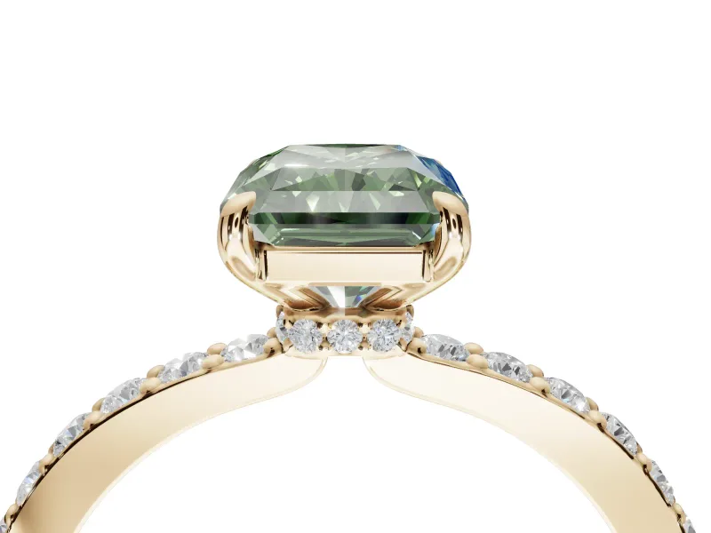 Radiant Cut Hidden Halo Engagement Ring Setting for a Fancy Green Lab-Grown Diamond | Pavé Band | Yellow Gold