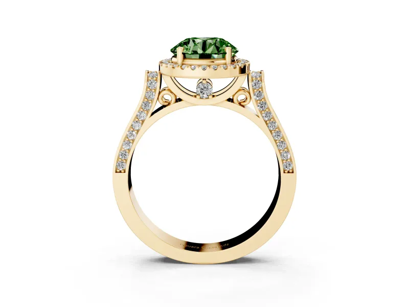 Round Halo Engagement Ring Setting for a Fancy Green Lab-Grown Diamond | Pavé Panel Shoulders | Yellow Gold