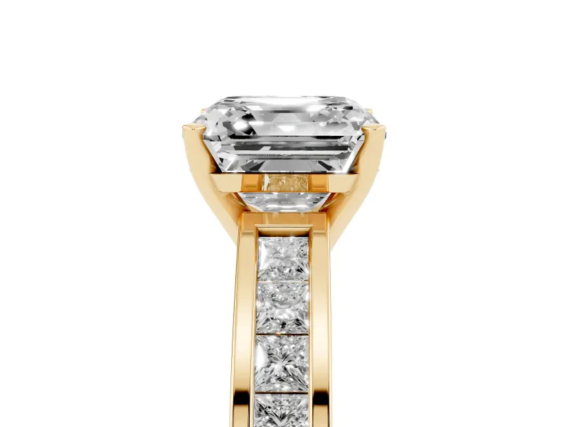 Asscher Cut Diamond Solitaire Ring Set in Yellow gold with Channel-Set Band and Prong Setting