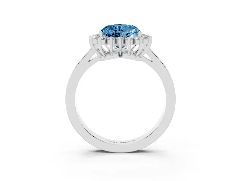 Fancy Blue Heart Cut Diamond Halo Ring Set in White gold with Round Halo and Smooth Solitaire Band