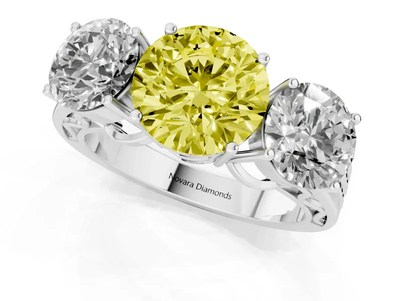 Round Engagement Ring Setting for a Fancy Yellow Lab-Grown Diamond | Three Stone | White Gold