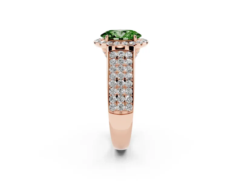 Fancy Green Oval Cut Diamond Halo Ring Set in Rose gold with Pavé Band and Raised Center Setting