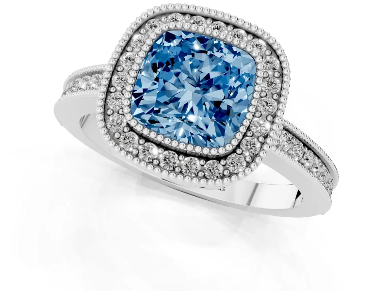 Cushion Cut Milgrain Halo Engagement Ring Setting for a Fancy Blue Lab-Grown Diamond | White Gold