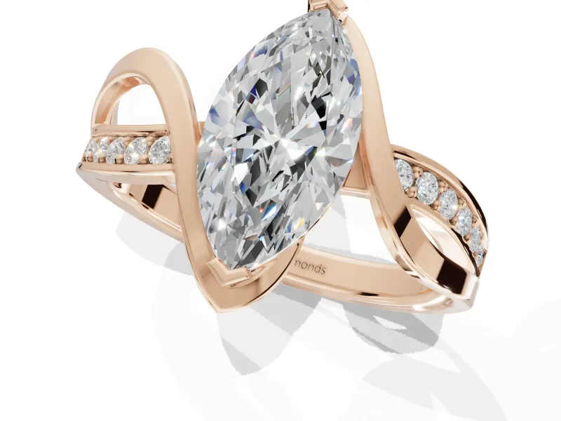 Marquise Bypass Solitaire Engagement Ring Setting | Pavé and Plain Strands | Rose Gold