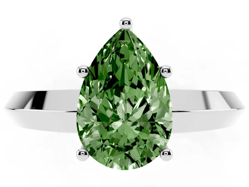 Fancy Green Pear Cut Diamond Solitaire Engagement Ring Set in Silver with Flat Band and Prong Setting