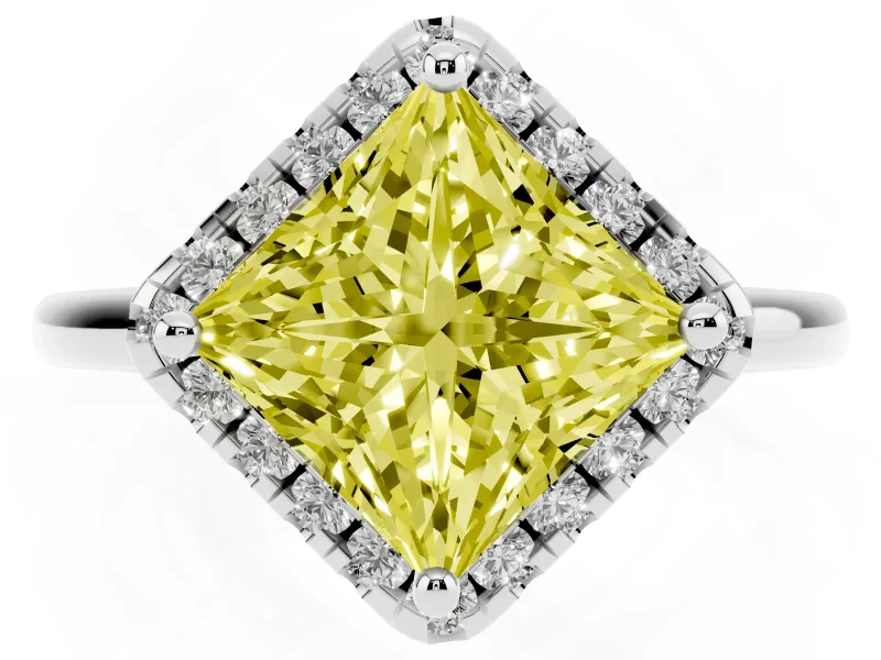 Princess Cut Halo Engagement Ring Setting for a Fancy Yellow Lab-Grown Diamond | Plain Polished Band | White Gold
