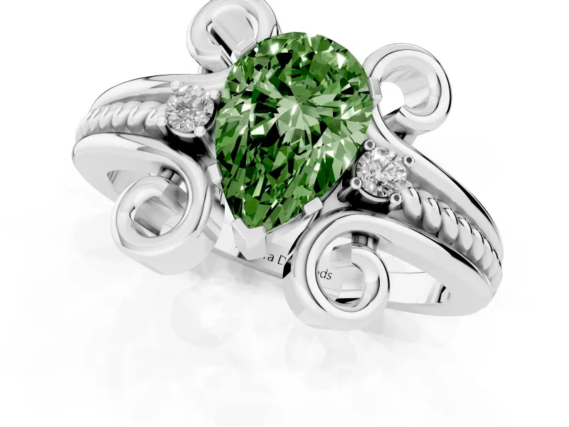 Fancy Green Pear Cut Diamond Twisted Band Solitaire Ring Set in White gold with Scroll Prongs