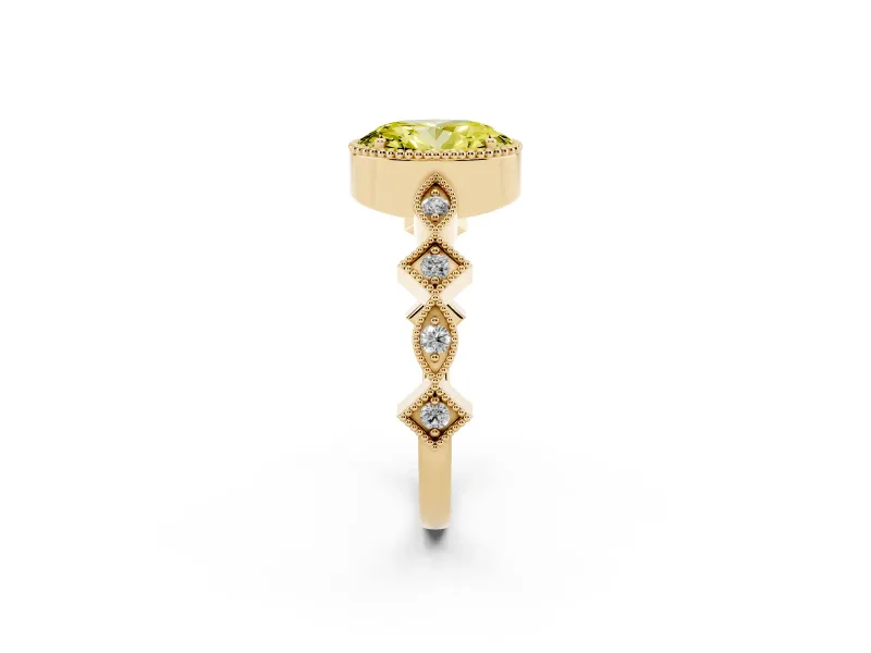 Fancy Yellow Oval Cut Diamond Milgrain Marquise Twist Band Ring Set in Yellow gold with Prong Setting