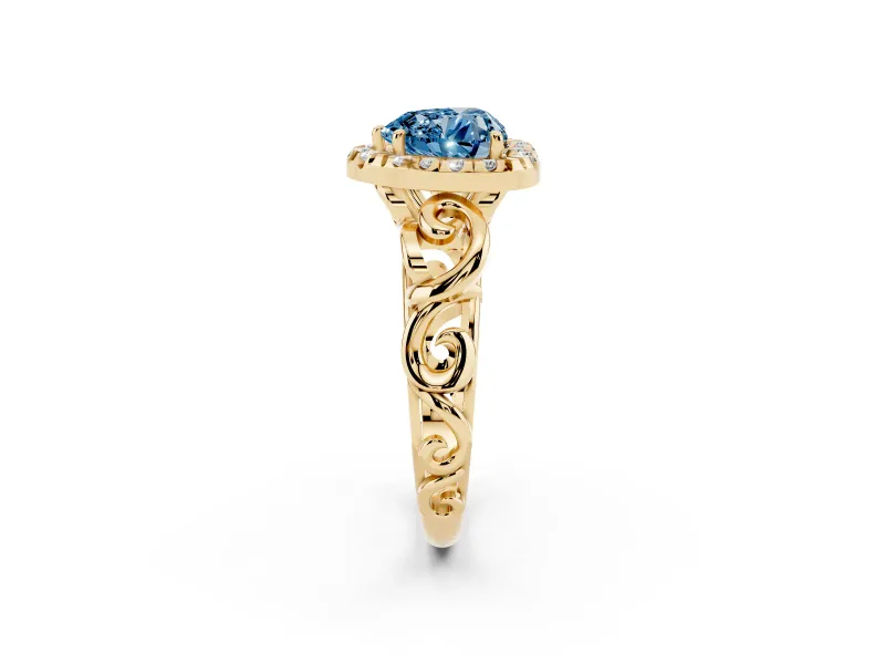 Fancy Blue Heart Cut Diamond Halo Ring Set in Yellow gold with Scrollwork Band and Prong Setting