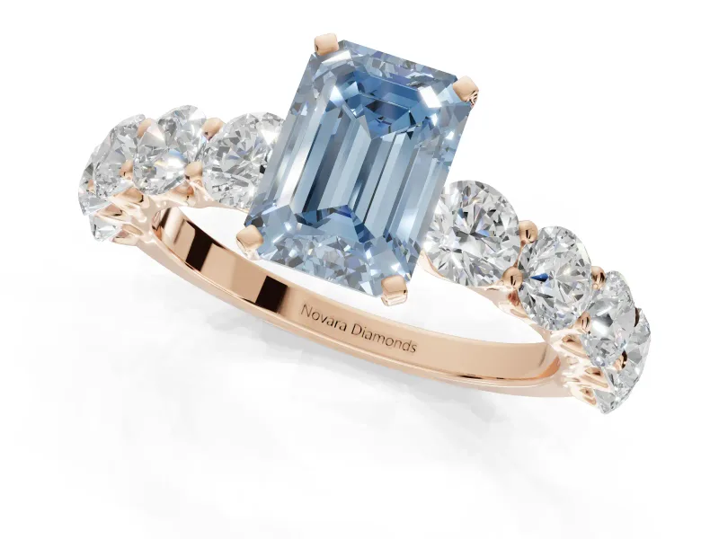 Emerald Cut Side Stone Engagement Ring Setting for a Fancy Blue Lab-Grown Diamond | Scalloped Prong Accents | Rose Gold