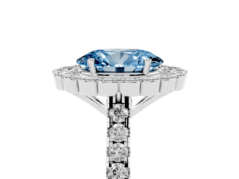 Fancy Blue Oval Cut Diamond Milgrain Floral Halo Engagement Ring Set in White gold with Pavé Band