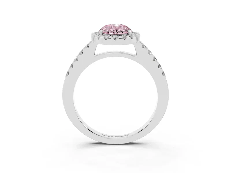 Fancy Pink Oval Cut Diamond Halo Pavé Solitaire Ring Set in White gold with Prong-Set Center Stone