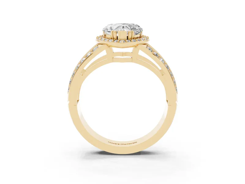 Heart Cut Diamond Halo Ring Set in Yellow gold with Double Pavé Split Shank
