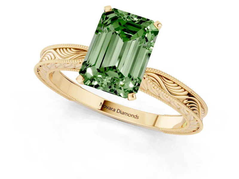 Fancy Green Emerald Cut Diamond Solitaire Milgrain Engraved Band Set in Yellow gold with Prong Setting