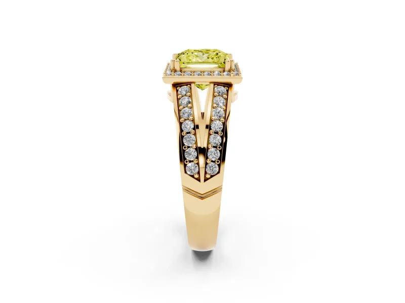 Princess Cut Halo Engagement Ring Setting for a Fancy Yellow Lab-Grown Diamond | Two-Row Pave Split Shank | Yellow Gold