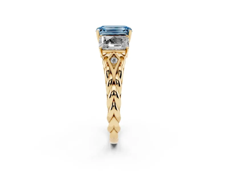 Emerald Cut Three Stone Engagement Ring Setting for a Fancy Blue Lab-Grown Diamond | Braided Band | Yellow Gold