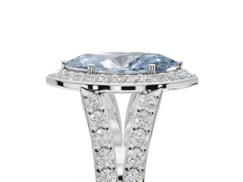 Marquise Halo Pavé Engagement Ring Setting for a Fancy Blue Lab-Grown Diamond | Narrow Split Shank | Platinum