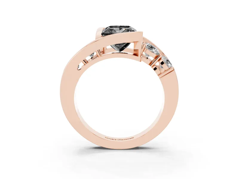 Fancy Black Princess Cut Diamond Bezel Bypass Ring Set in Rose gold with Round Accents