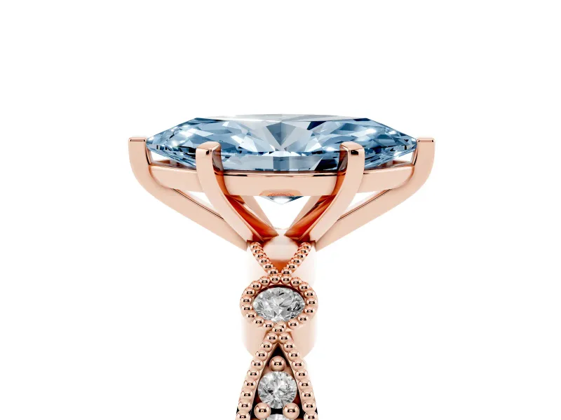 Fancy Blue Marquise Cut Diamond Solitaire Engagement Ring Set in Rose gold with Milgrain Bezel Accent Band