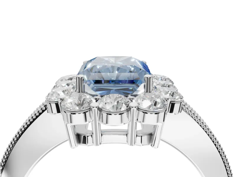 Radiant Cut Vintage Halo Engagement Ring Setting for a Fancy Blue Lab-Grown Diamond | Milgrain Channel Band | White Gold