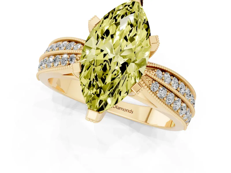 Marquise Milgrain Solitaire Engagement Ring Setting for a Fancy Yellow Lab-Grown Diamond | Hidden Halo | Yellow Gold