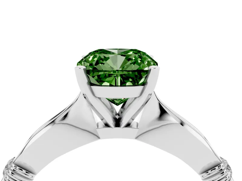 Fancy Green Cushion Cut Diamond Solitaire Twisted Band Ring Set in White gold with Accent Stones and Prong Setting